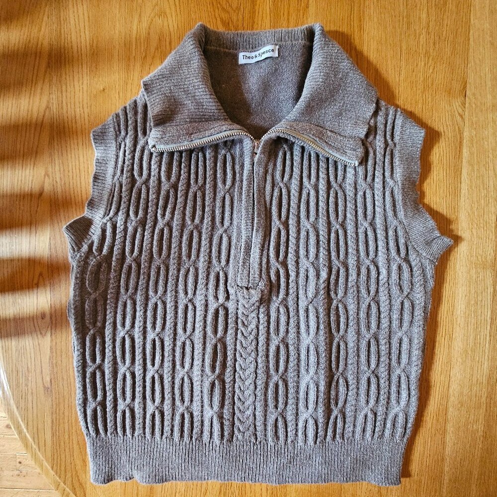 Theo and Spence Small Taupe Sweater Vest with Cables & Zipper/Collar Neck